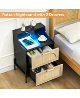 Rattan Nightstand with Charging Station and Led Lights, Bedside Table with 2 Storage Rattan Drawer, Storage End Table, Black