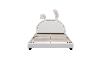 Slickblue Upholstered Leather Platform Bed with Rabbit Ornament for Stylish and Whimsical Bedroom Decor