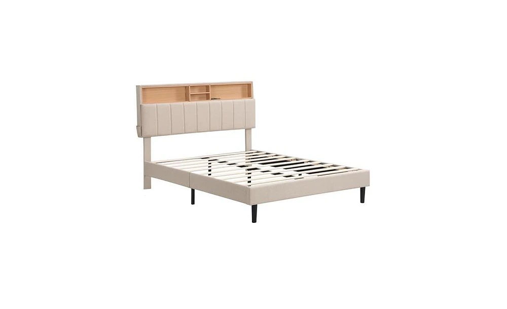 Slickblue Upholstered Platform Bed with Storage Headboard and Usb Port for Convenient Bedroom Organization