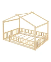 Slickblue Wooden House Bed Frame with Fence for Kids' Room Fun and Safe Sleeping Space