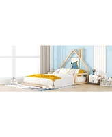 Slickblue Full Size Wood Floor Bed with House-shaped Headboard, Natural