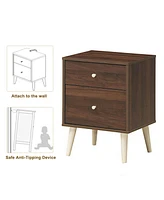 Sugift 2-Drawer Nightstand Beside End Side Table with Rubber Legs-Brown