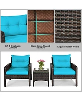 Sugift 3 Pcs Outdoor Patio Rattan Conversation Set with Seat Cushions-Turquoise