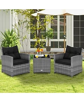 Sugift 3 Pieces Outdoor Wicker Conversation Set with Tempered Glass Tabletop-Black