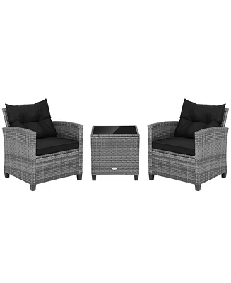 Sugift 3 Pieces Outdoor Wicker Conversation Set with Tempered Glass Tabletop-Black