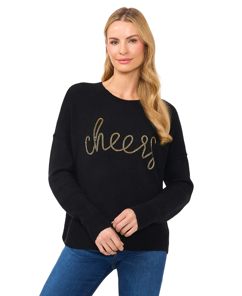 CeCe Women's Long-Sleeve Cheers Script Sweater