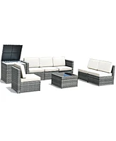 Sugift 8 Piece Wicker Sofa Rattan Dinning Set Patio Furniture with Storage Table-White