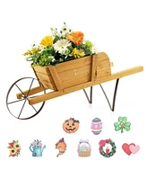 Sugift Wooden Wagon Planter with 9 Magnetic Accessories for Garden Yard-Walnut