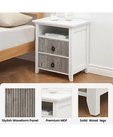 gaomon Nightstand with 2 Storage Drawers, Farmhouse End Side Table with Wave Fluted Panel, Gray 2pcs