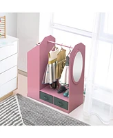 Slickblue Kids Open Hanging Armoire Closet with Mirror, Pink Costume Organizer Rack for Dress-Up Storage