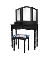 Sugift Simple Vanity Set with Tri-Folding Mirror Drawers and Storage Shelf-Black