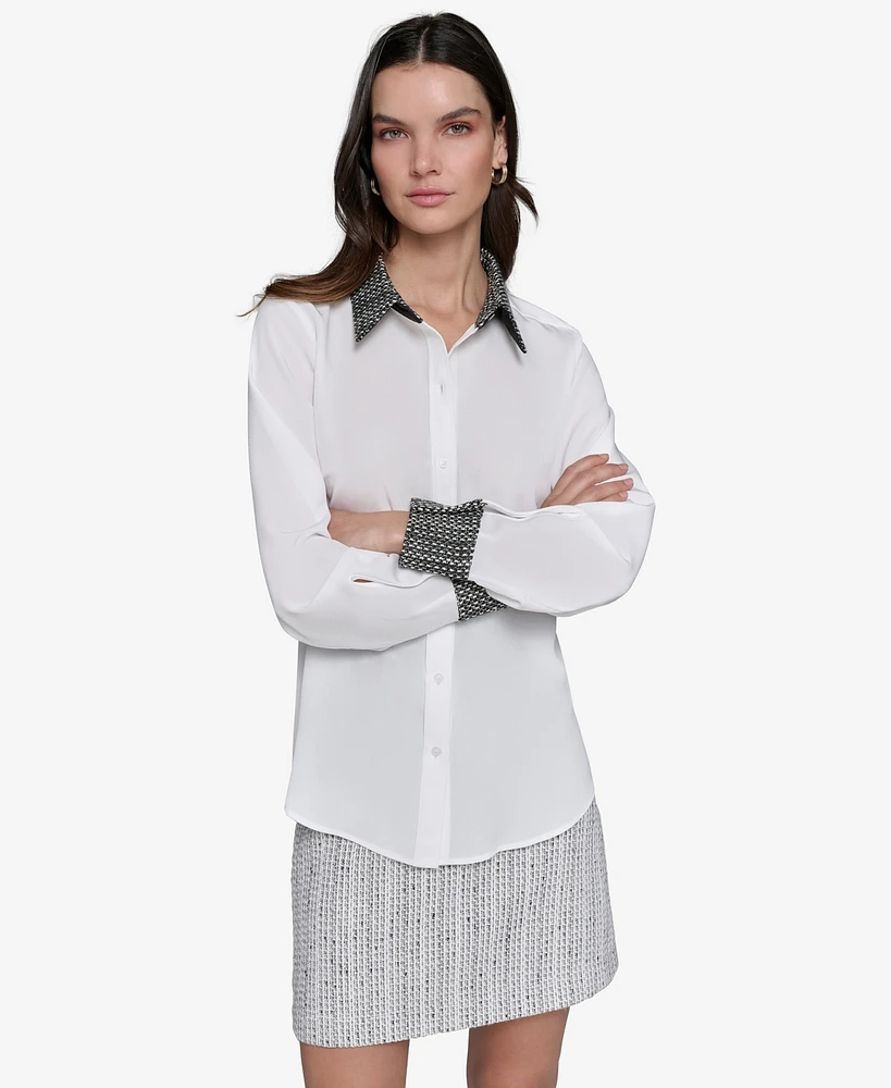 Karl Lagerfeld Paris Women's Tweed-Trim Button-Front Shirt