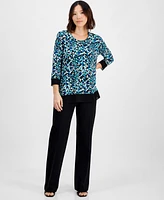 Ak Anne Klein Petite 3/4-Sleeve Solid-Trim Printed Tunic