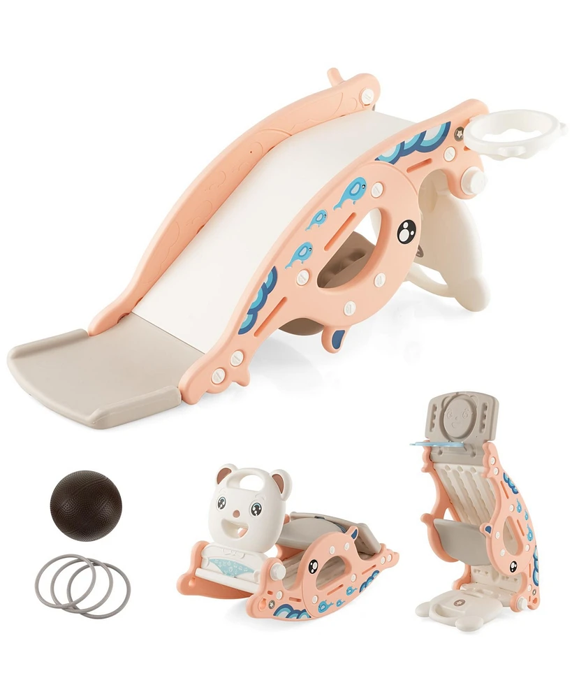 Sugift 4-in-1 Kids Slide Rocking Horse with Basketball and Ring Toss-Pink