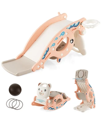 Sugift 4-in-1 Kids Slide Rocking Horse with Basketball and Ring Toss-Pink