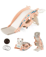 Sugift 4-in-1 Kids Slide Rocking Horse with Basketball and Ring Toss-Pink