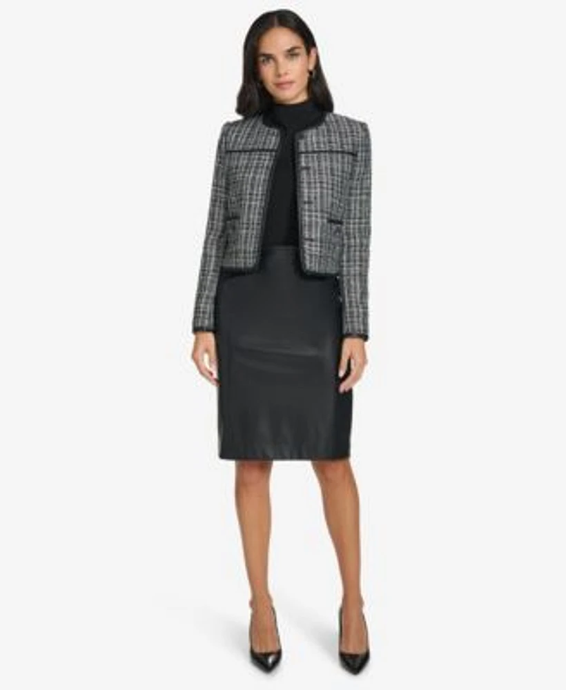 Calvin Klein Womens Faux Leather Trim Tweed Blazer Pencil Skirt