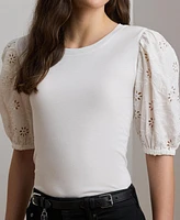 Lauren Ralph Women's Eyelet Jersey Puff-Sleeve Tee