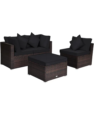 Sugift 4 Pieces Ottoman Garden Patio Rattan Wicker Furniture Set with Cushion-Black