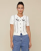 Avec Les Filles Women's Ribbon Trim Short Sleeve Cardigan