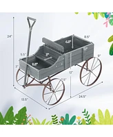 Sugift Wooden Wagon Plant Bed with Metal Wheels for Garden Yard Patio-Gray