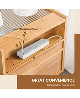 Sugift Bamboo Rattan Nightstand with Drawer and Solid Wood Legs-Natural