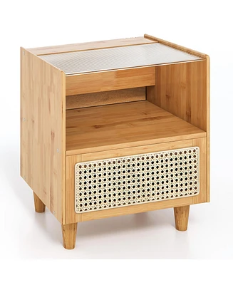 Sugift Bamboo Rattan Nightstand with Drawer and Solid Wood Legs-Natural