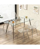 Sugift Set of 4 Dining Chairs Modern Plastic Shell Side Chair with Clear Seat and Wood Legs-Silver