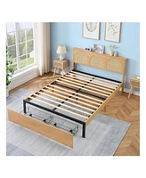 gaomon Queen Size Bed Frame With Natural Rattan Headboard, With Natural Rattan Headboard And 2 Storage Drawers, With Led And Metal Platform ,Boho Cane