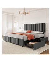 gaomon Bed Frame With 4 Storage Drawers And Adjustable Headboard, Linen Upholstered Platform Bed Frame With Wooden Slats Support