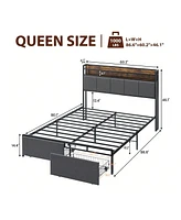 gaomon Bed Frame With 2-Tier Storage Headboard, Upholstered Platform Bed Frame With 2 Storage Drawers, Built In Charging Station & Led, Noise-Free/Met