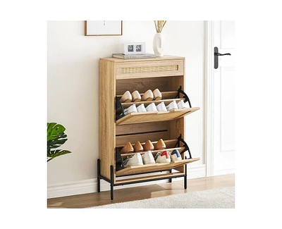 gaomon Natural Rattan Shoe Cabinet with 2 Flip Door and 1 Drawer, Freestanding Shoe Storage Organizer