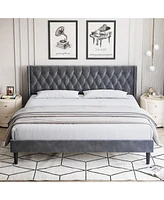 gaomon Full/Queen/King Size Bed Frame With Headboard, Modern King Bed Frame, Deep Button Tufted Headboard With Wingback, Velvet Upholstered Platform B