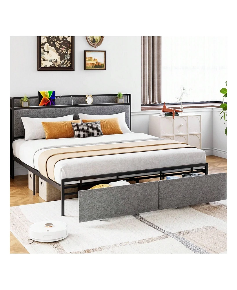 gaomon King Size Bed Frame With 2 Drawers And Shelf Headboard, Charging Station With Usb Port & Outlets, Upholstered Heavy Duty Platform Bed Frame Wit