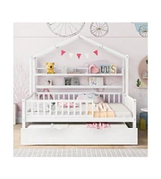 gaomon Full Size House Bed With Twin Size Trundle Wooden Full Size Platform Bed Frame With Storage Shelves For Kids Teens Girls Boys