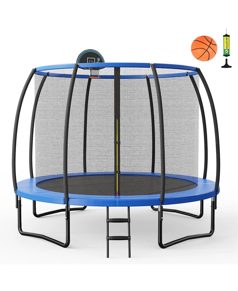 Gymax 12FT Recreational Trampoline w/ Basketball Hoop Safety Enclosure Net Ladder