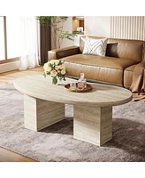 Tribesigns 45.28" Oval Coffee Table for Living Room, Large Modern Coffee Table, All-Wood Center Table with Asymmetric Pedestal Legs, Oak