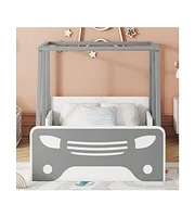 gaomon Car-Shaped Bed Frame Twin Size, Fun Playhouse Wooden Platform Bed With Roof, Wheels And Door, With Safe Guardrails, Easy Assembly, Kids Bedroom