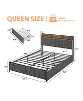 gaomon Bed Frame With Storage Headboard And 2 Drawers, Linen Upholstered Platform Bed Frame With Charging Station, Heavy Duty, No Box Spring Needed, E