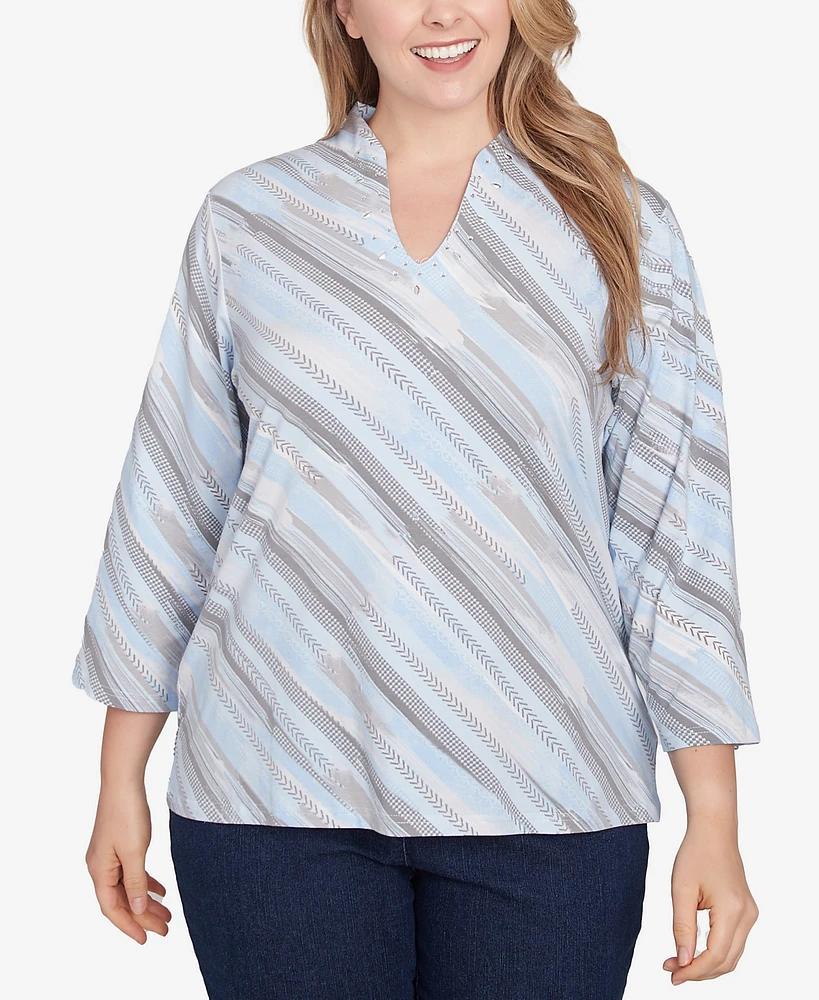 Hearts of Palm Plus Blue My Mind Funnel Neck Embellished Top