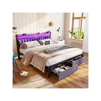 gaomon Full Size Bed Frame With Storage Headboard, 2 Drawers, Charging Station Led Upholstered Bed Frame, No Box Spring Needed Platform Bed Frame For