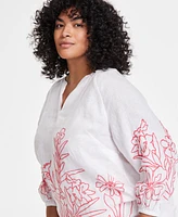 Charter Club Plus Embroidered Blouson-Sleeve Linen Shirt, Exclusively at Macy's