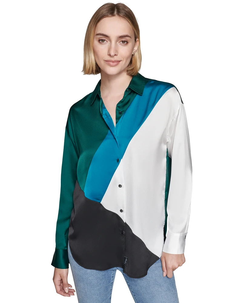 Karl Lagerfeld Paris Women's Colorblocked Satin Button-Front Top