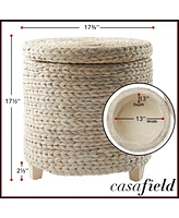 Casafield 17" Round Storage Ottoman with Lid - Whitewash, Handwoven Footstool for Living Room, Bedroom, Bathroom, Home Office