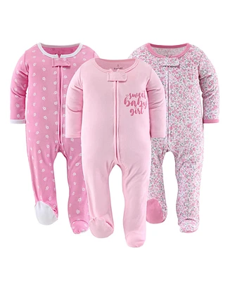 The Peanutshell Floral Love Footed Baby Sleepers for Girls, 3 Pack