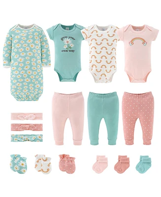 The Peanutshell Baby Girls Carefree Floral Newborn Layette Set Girls, 16-Pieces, Pink/Aqua