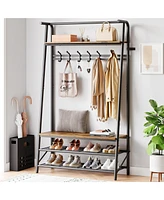 gaomon Industrial Rustic 4-in-1 Hall Tree Bench with Shoe Rack, Storage Shelf, and 5 C-Shaped Hooks in Brown & Black