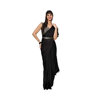 One Minute Saree Petite Zaara Black Satin with Feather Trim Ready To Wear Sari