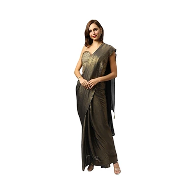 One Minute Saree Petite Meera Dark Grey & Gold Shimmer Georgette Ready to Wear Sari