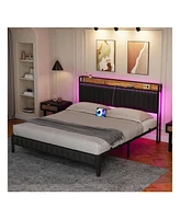 gaomon Full/Queen/King Size Bed Frame With Charging Station, Led Bed Frame With Storage Headboard, Upholstered Platform Bed Frame